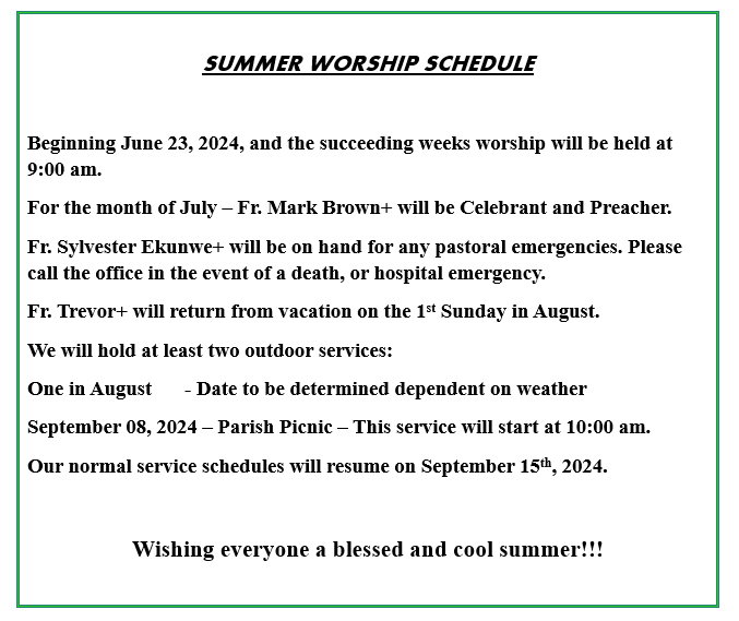 Summer Worship Schedule
